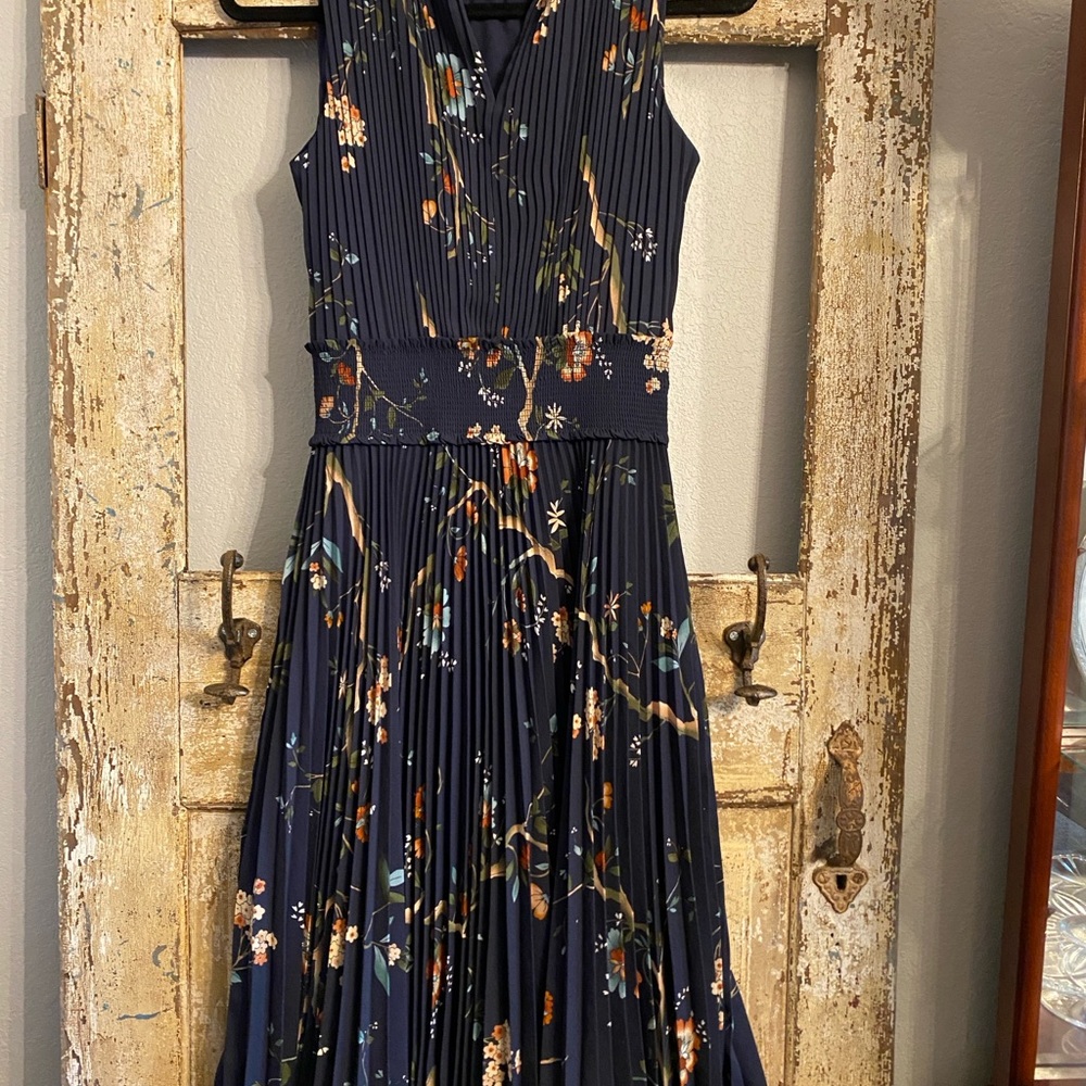 Nanette Lepore Floral Navy Pleated Dress, Size 8